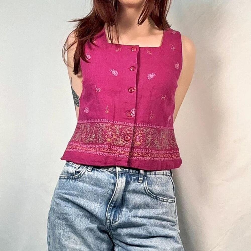Purple embroidered button-up top with square neckline